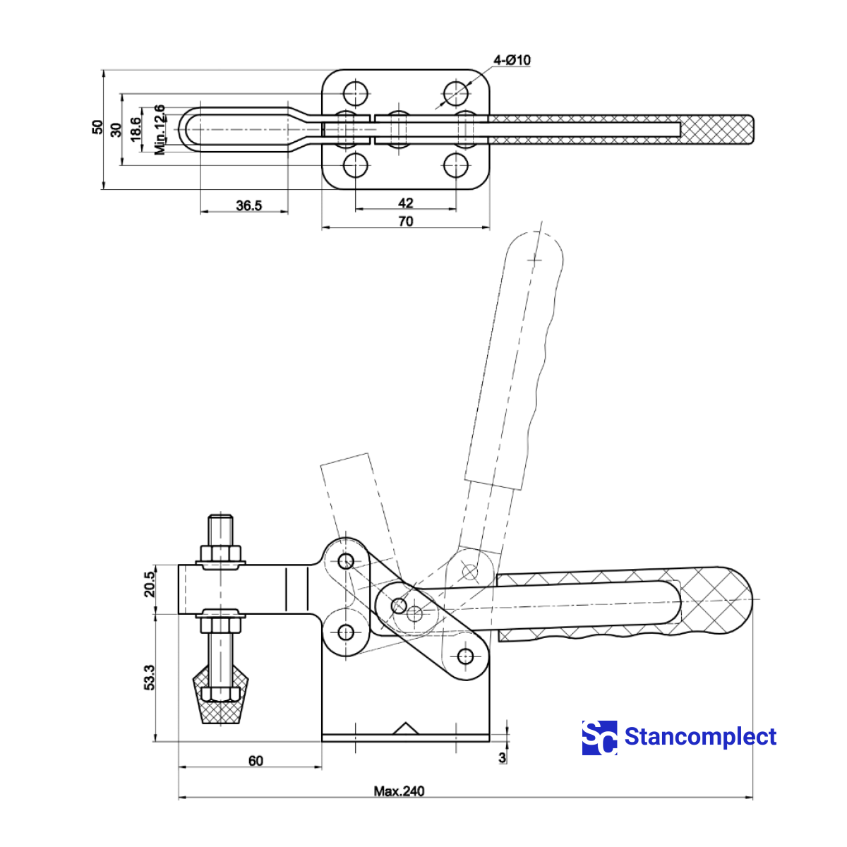 Quick release horizontal toggle clamp ST-200-W - holding capacity 400 kg